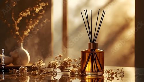 Reed diffuser in amber glass bottle with dried flowers in warm golden sunlight