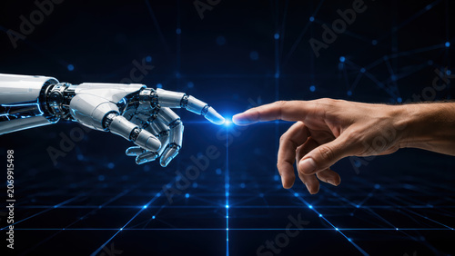 Robot hand touching a human hand in a digital network background with light