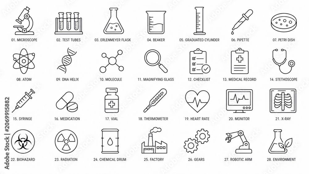 Fototapeta premium Set of black and white medical and science line icons for healthcare projects