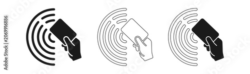 Mobile phone signal strength icons with varying line styles and hand holding phone