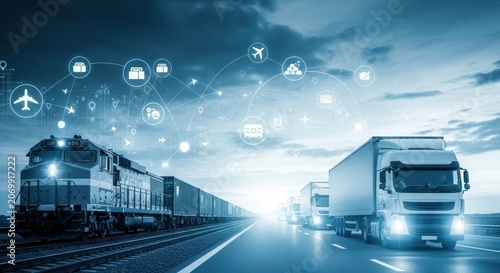 Logistics and freight transportation network with train and trucks