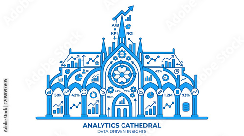 Business analytics cathedral with data driven insights and metrics
