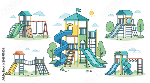Colorful playground equipment sets with slides swings and towers
