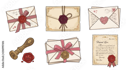 Vintage envelopes and wax seal stamps for romantic correspondence