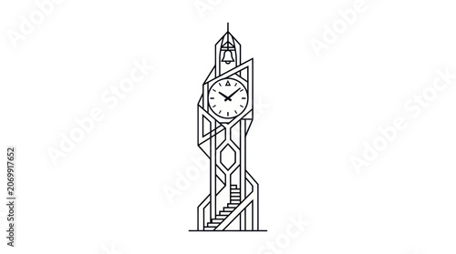 Geometric clock tower with bell and staircase in minimal line art