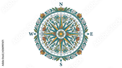 Decorative vintage compass rose with floral patterns and sun motif