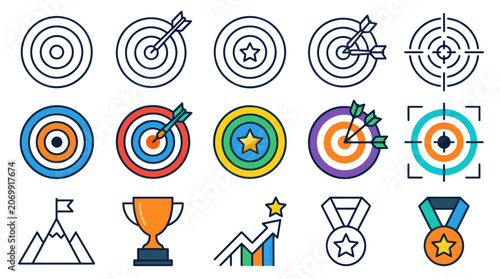 Business target and success achievement icons set