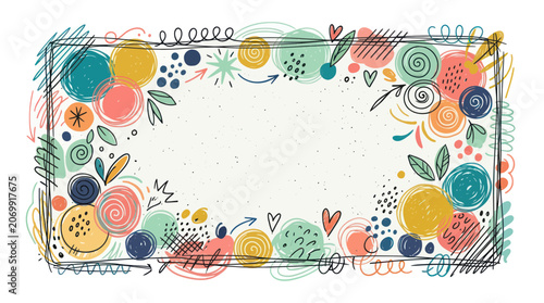 Colorful abstract doodle frame with hand drawn artistic elements