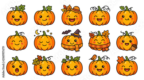 Cute orange pumpkin emoticons with various facial expressions