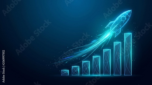Digital growth rocket launching above financial bar chart graph visualization with business technology performance investment marketing strategy innovation increase progress abstract