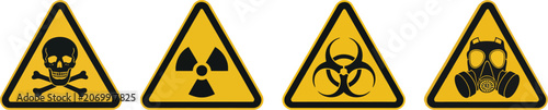 Cuadro en lienzo Warning signs set, yellow vector safety symbols for radiation biohazard toxic and gas warnings used in industrial safety and hazard identification