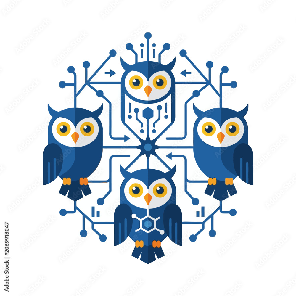 Fototapeta premium Four stylized owls arranged in a digital circuit board pattern