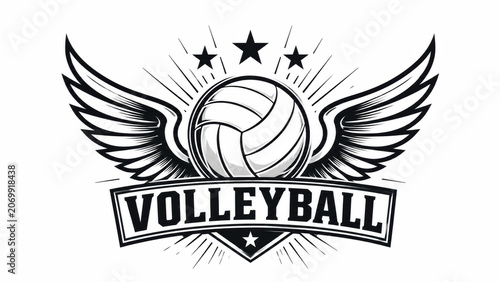 Volleyball ball symbol with wings and stars illustration in black and white