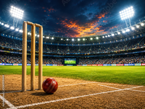Cricket ball and wooden wickets on the pitch at a large stadium during sunset