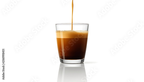  A close-up of rich dark espresso with golden crema being poured into a clear glass against a white background, 8k image