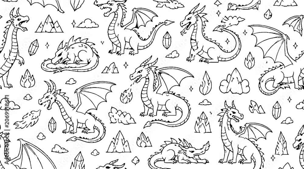 Fototapeta premium Detailed Dragon Illustrations with Mythical Elements and Patterns.