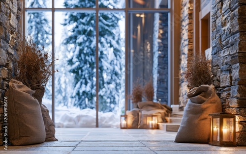 Cozy Winter Spa Entrance with Stone Walls and Warm Lighting Surrounded by Nature