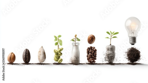 The process of growth and development, from a seed to a bright idea. The sequence shows a coffee bean, sprouting plant, and a lightbulb illuminated