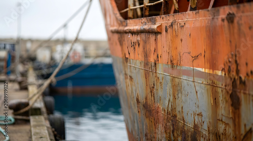 Rusty orange hull of industrial cargo ship at harbor