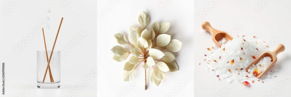 Fototapeta premium Minimalist composition. Diffuser sticks, magnolia bloom, coarse salt. Clean aesthetic, wellness focus, neutral tones present.