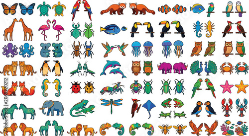 Photography Mega collection of wild animals and birds icons vector illustration setMega coll