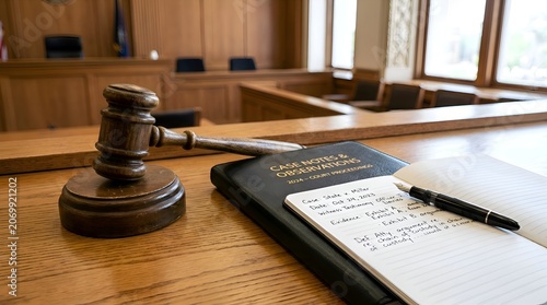 Courtroom Gavel and Legal Notebook on Desk - Justice Symbolism