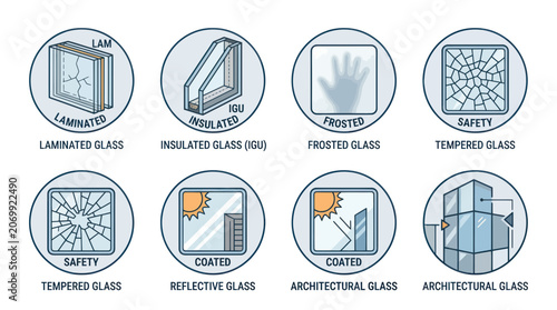 Картината върху платно Architectural and safety glass types icon set