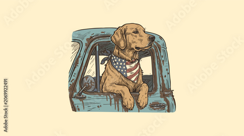 Americana golden retriever wearing US flag bandana in vintage rusty pickup truck, retro graphic illustration for t-shirt design and rural branding