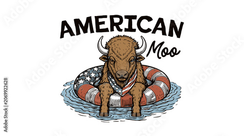 Tableau sur toile Vintage Americana bison floating in a patriotic flag lifebuoy, retro hand-drawn graphic illustration for t-shirt design and 4th of July apparel