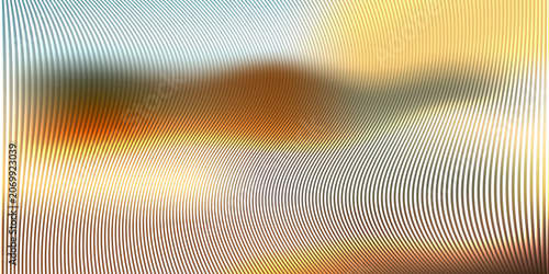 Abstract background, with vertical wavy, lines overlaying a, blurred gradient of, gold, orange, and, soft blue colors, moire pattern effect