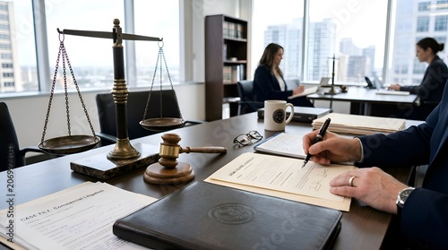 Lawyer Working in Office with Gavel and Scales of Justice