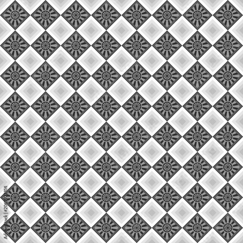 Seamless Black and White Geometric Tile Pattern with Diamond Shapes and Decorative Circular Motifs