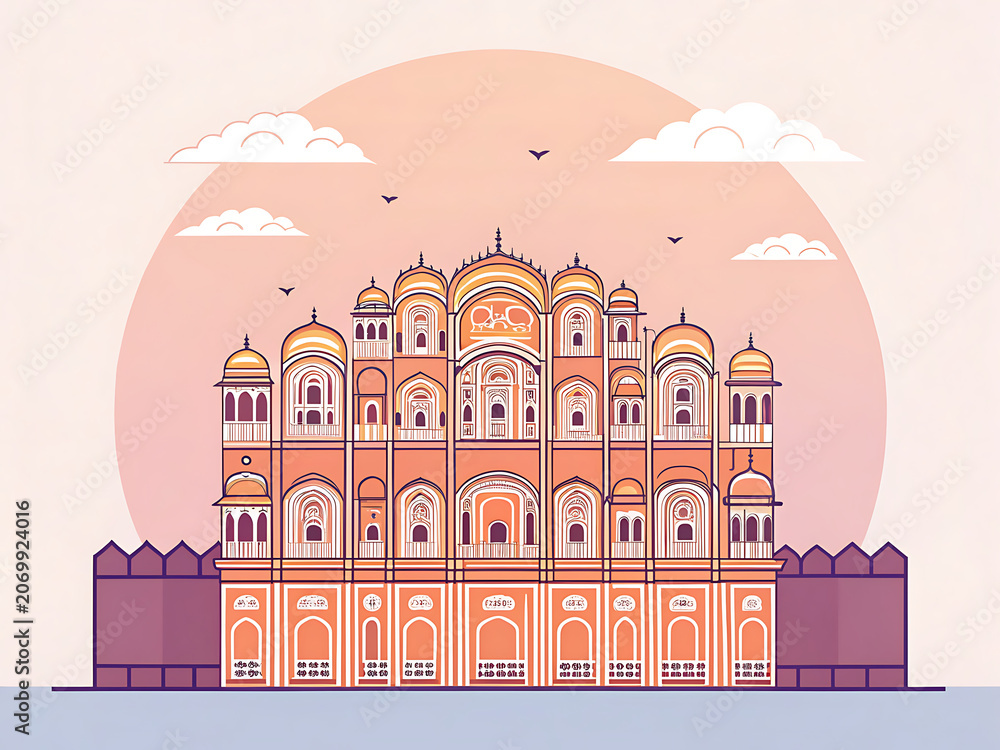 Obraz premium Jaipur Hawa Mahal, modern minimal vector style, elegant symmetry, vibrant Indian colors, tourism artwork