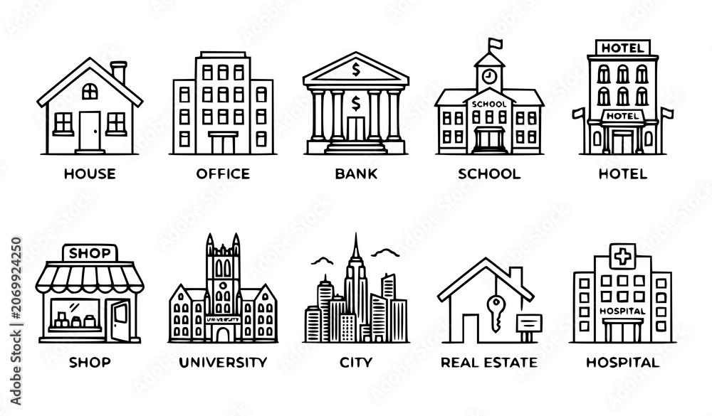 Fototapeta premium Building Outline Icons Set with House Office Bank School Hotel and Real Estate Symbols