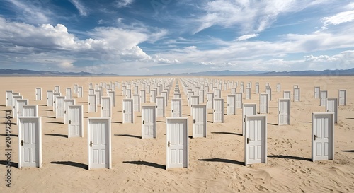 Endless Doors in Desert Landscape, Choice, Opportunity, Pathways to Future