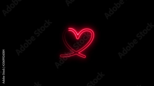 Glowing red neon heart outline animation on black background, for romantic projects, love