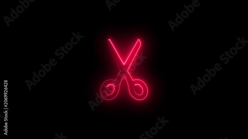 Glowing red neon scissors animation on black background, minimalist