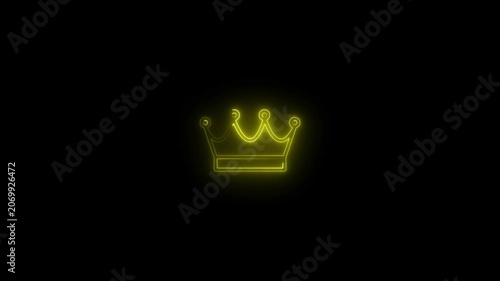 Glowing yellow neon crown animation on black background, royal symbol motion