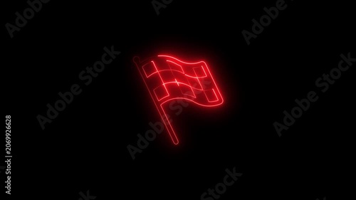 Red neon checkered finish line flag glowing animation on black background, racing