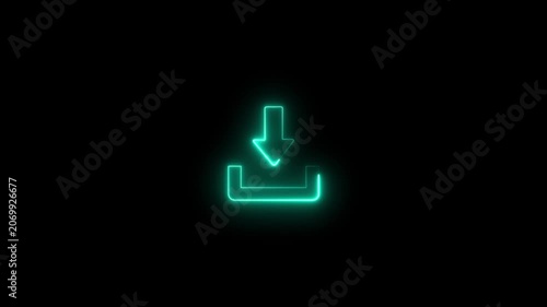 Neon glowing download animation on black background, digital interface symbol