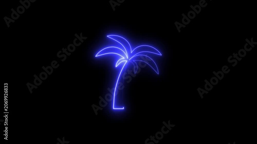 Neon blue palm tree animation, glowing tropical summer symbol on black background