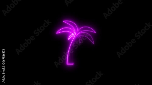 Neon purple palm tree silhouette glowing on black background, tropical night concept