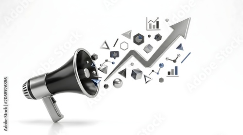 3D Megaphone Amplifying Rising Growth Chart with Social Media and Business Icons