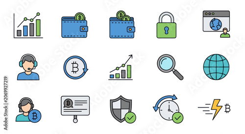 Set of cryptocurrency and finance icons for digital business.