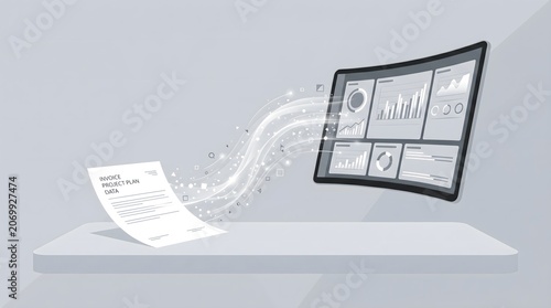 Minimalist digital transformation illustration with laptop and futuristic screen on white desk