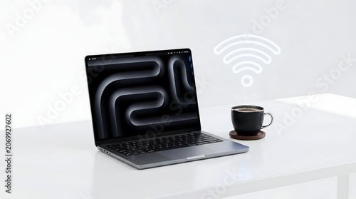 Minimalist workspace with laptop and coffee showing wireless internet connection