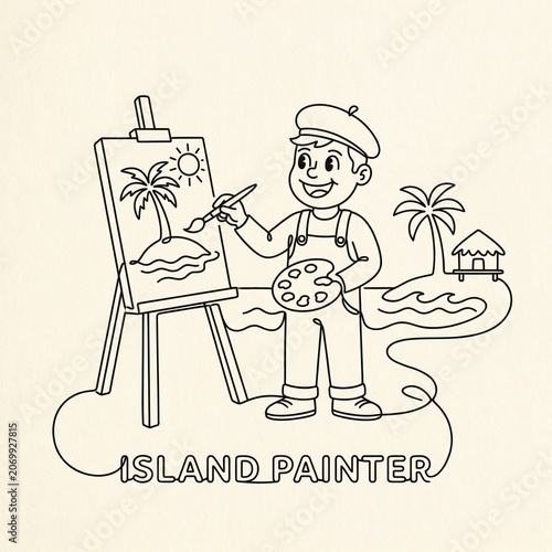 Cartoon painter creating island scene artwork.