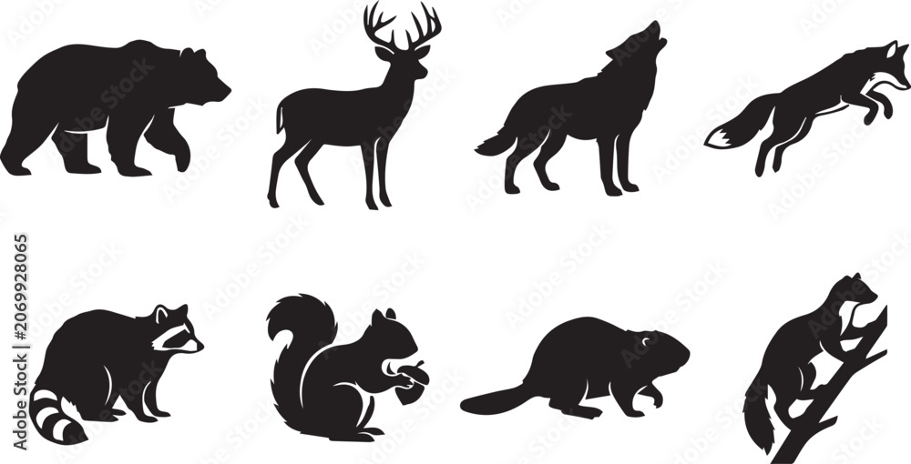 Naklejka premium Forest wildlife animal silhouettes vector set featuring bear, deer, wolf, fox, raccoon, and squirrel