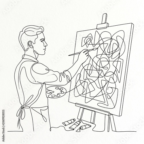Man painting on an easel with brush.