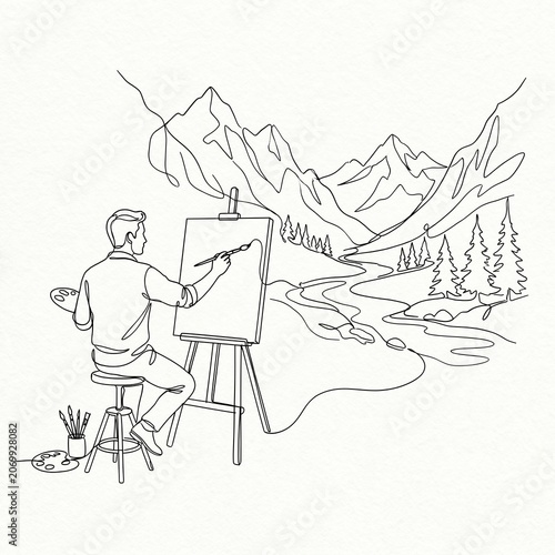 Man painting landscape on canvas outdoors.
